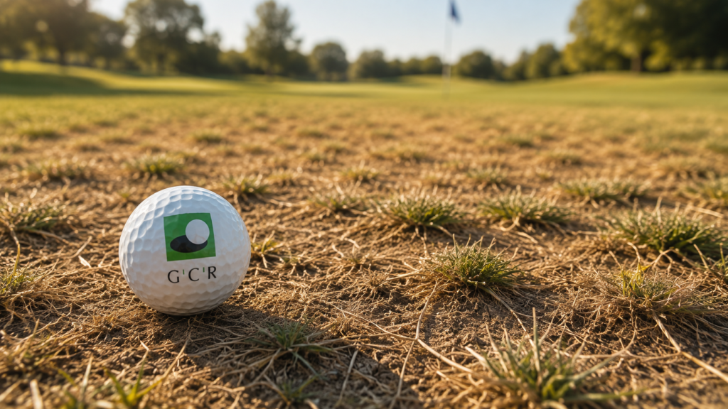 Ein Ball, der auf einer trockenen Stelle auf dem Golfplatz liegt