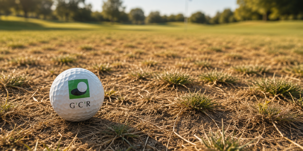 Ein Ball, der auf einer trockenen Stelle auf dem Golfplatz liegt